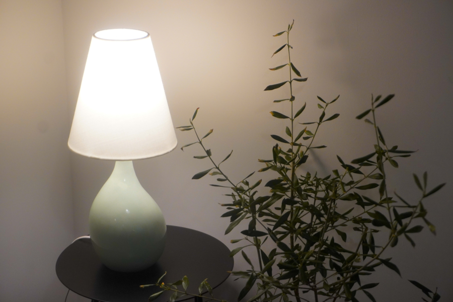 グリーンの横のサイドテーブルの上のランプシェードグリーン